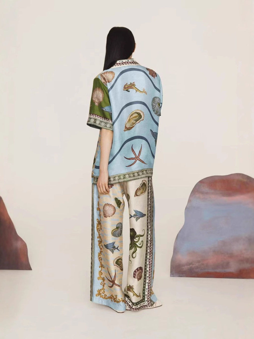 Ocean Print Button-Down Shirt and Wide Leg Pants Set