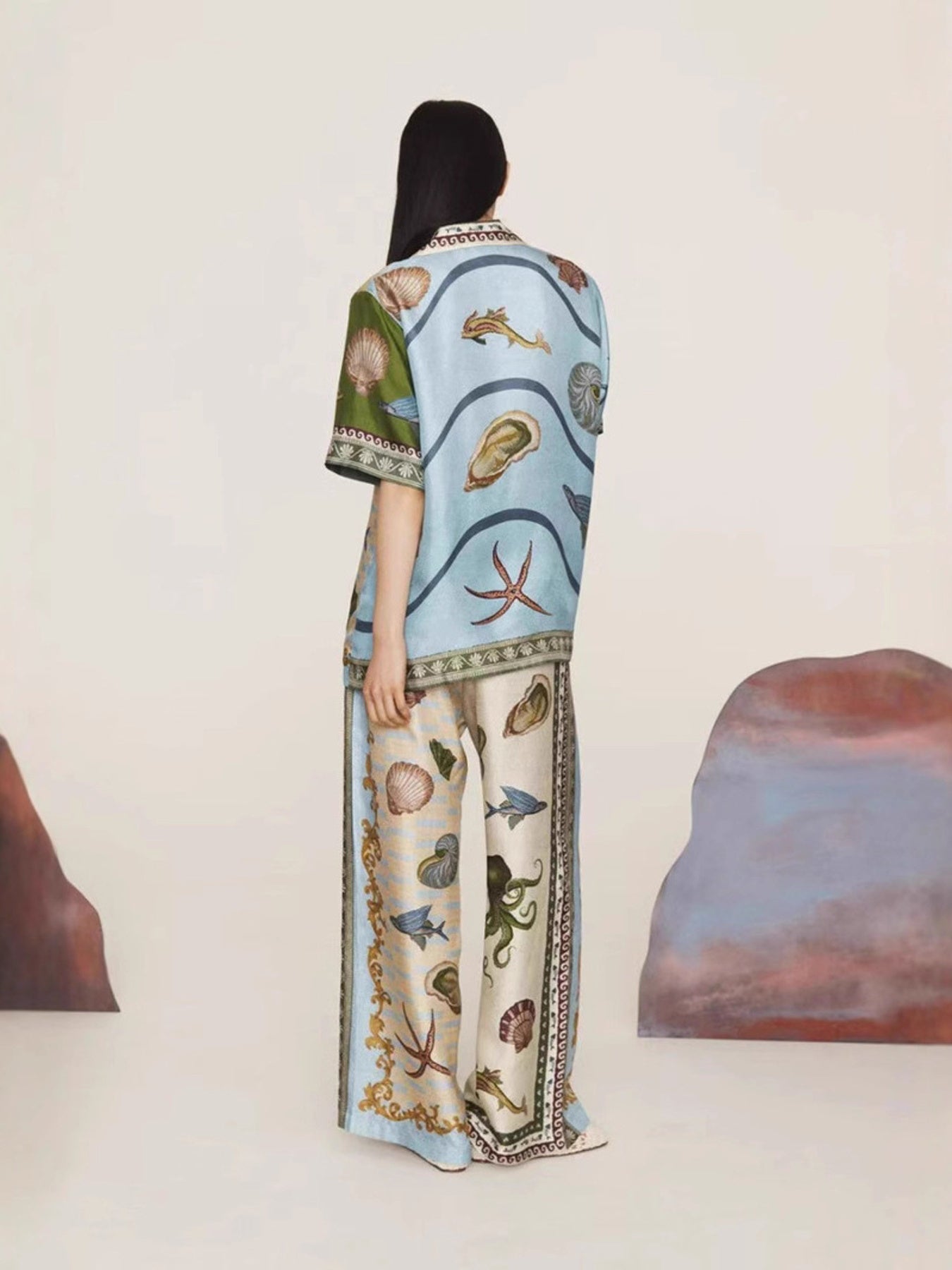 Ocean Print Button-Down Shirt and Wide Leg Pants Set