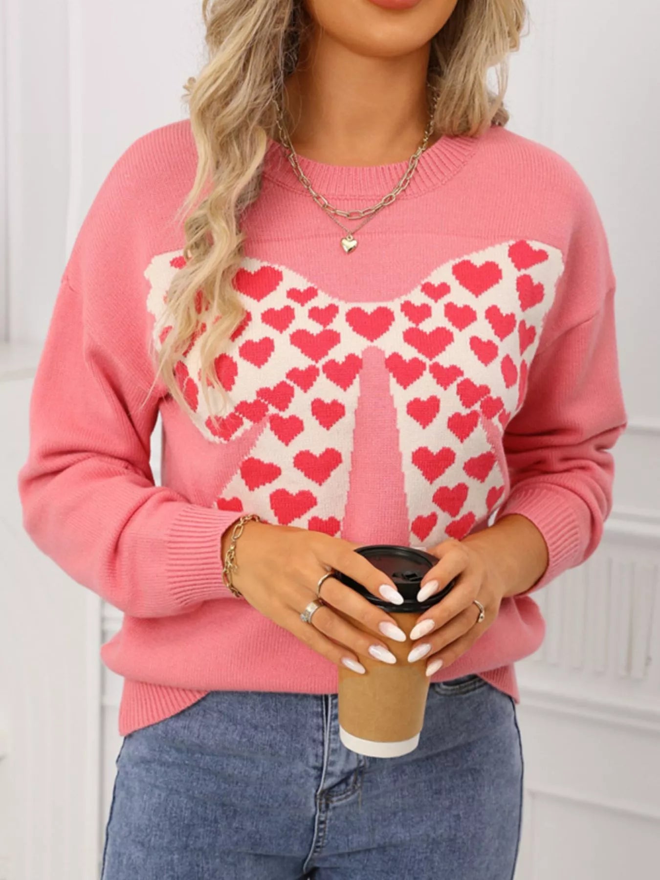 Valentine's Day Heart Bow Round Neck Sweater