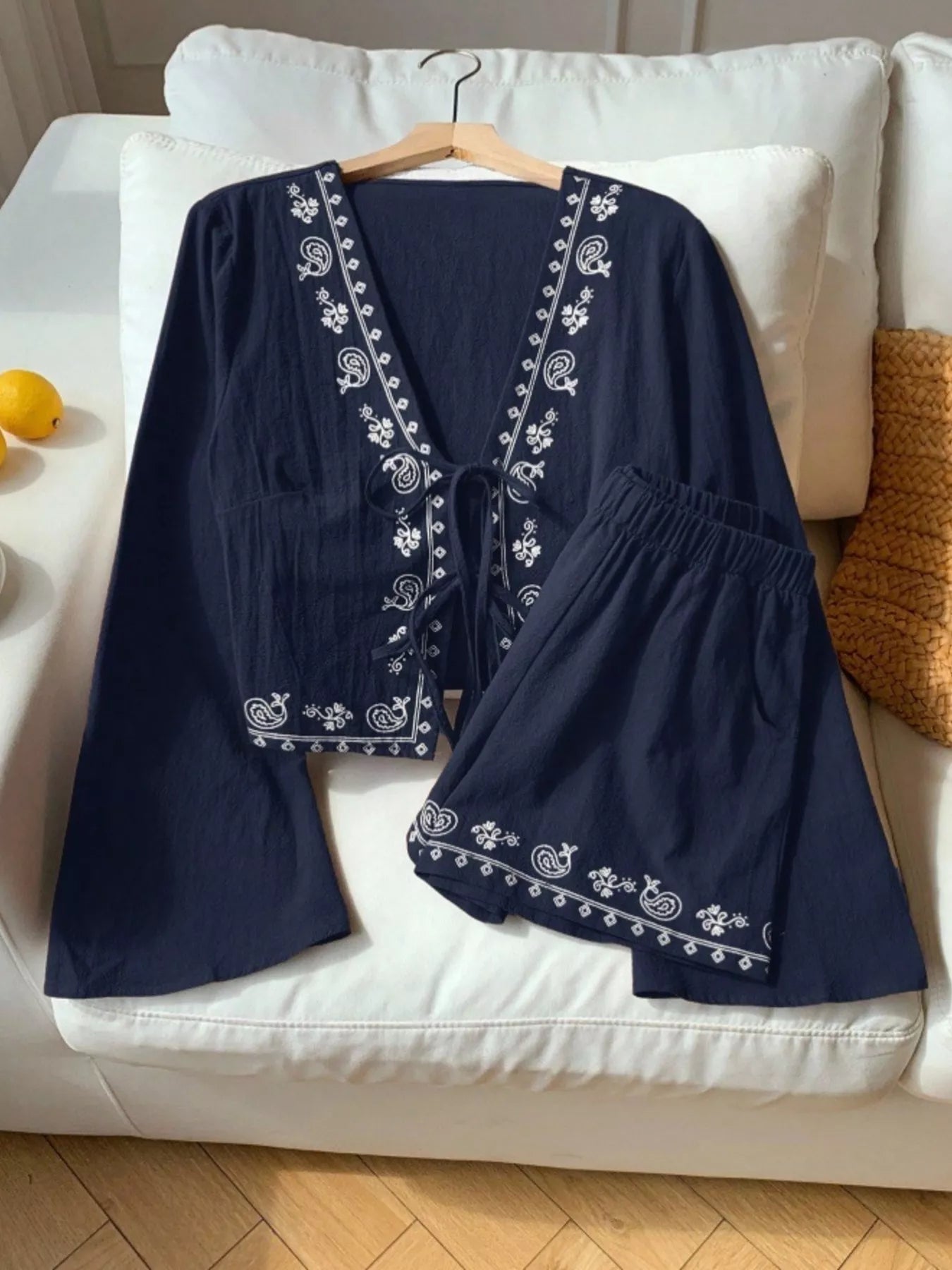 Embroidered Tie-Front Top & Shorts Set