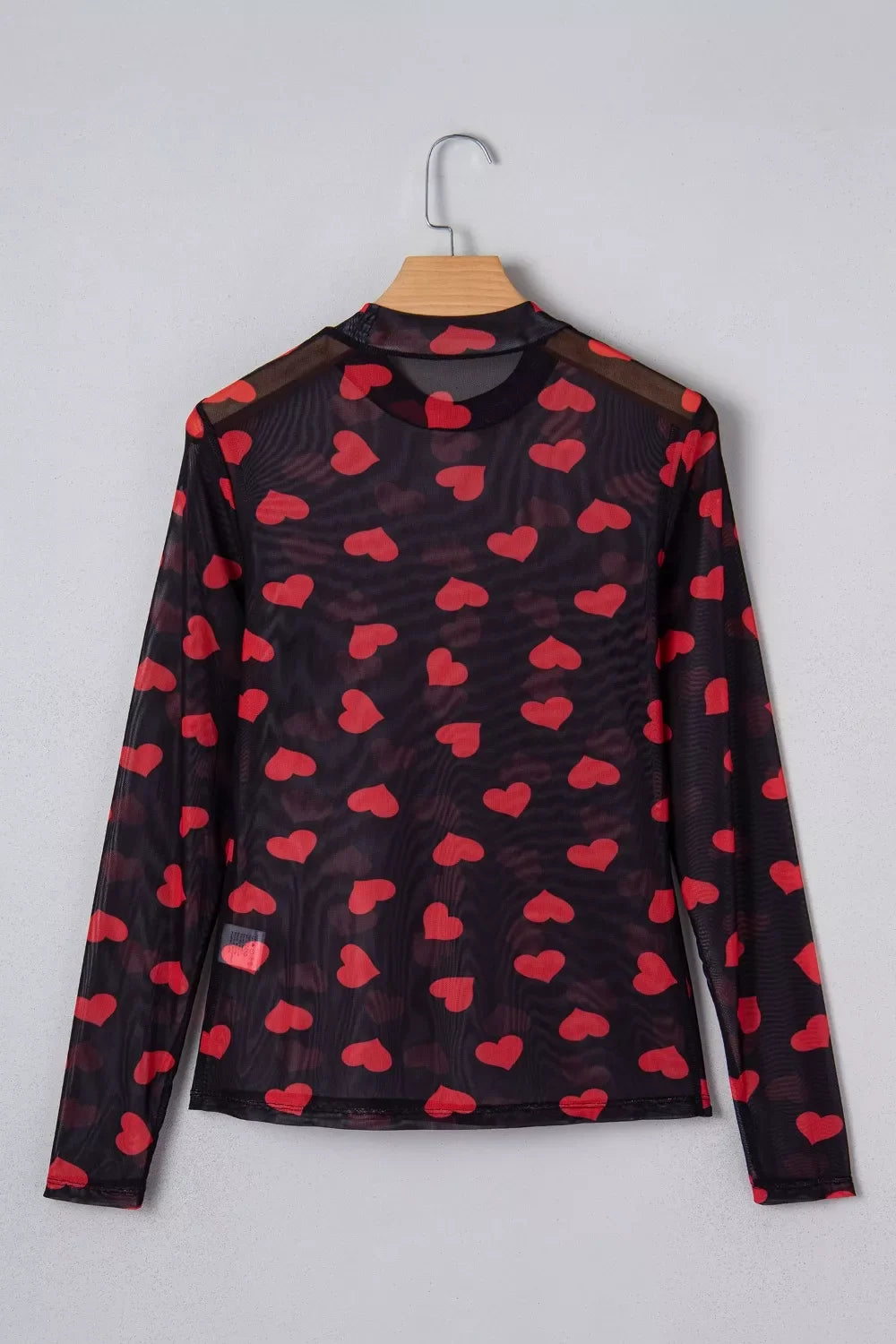 Valentines Heart Printed Sheer Mesh Long Sleeve Top