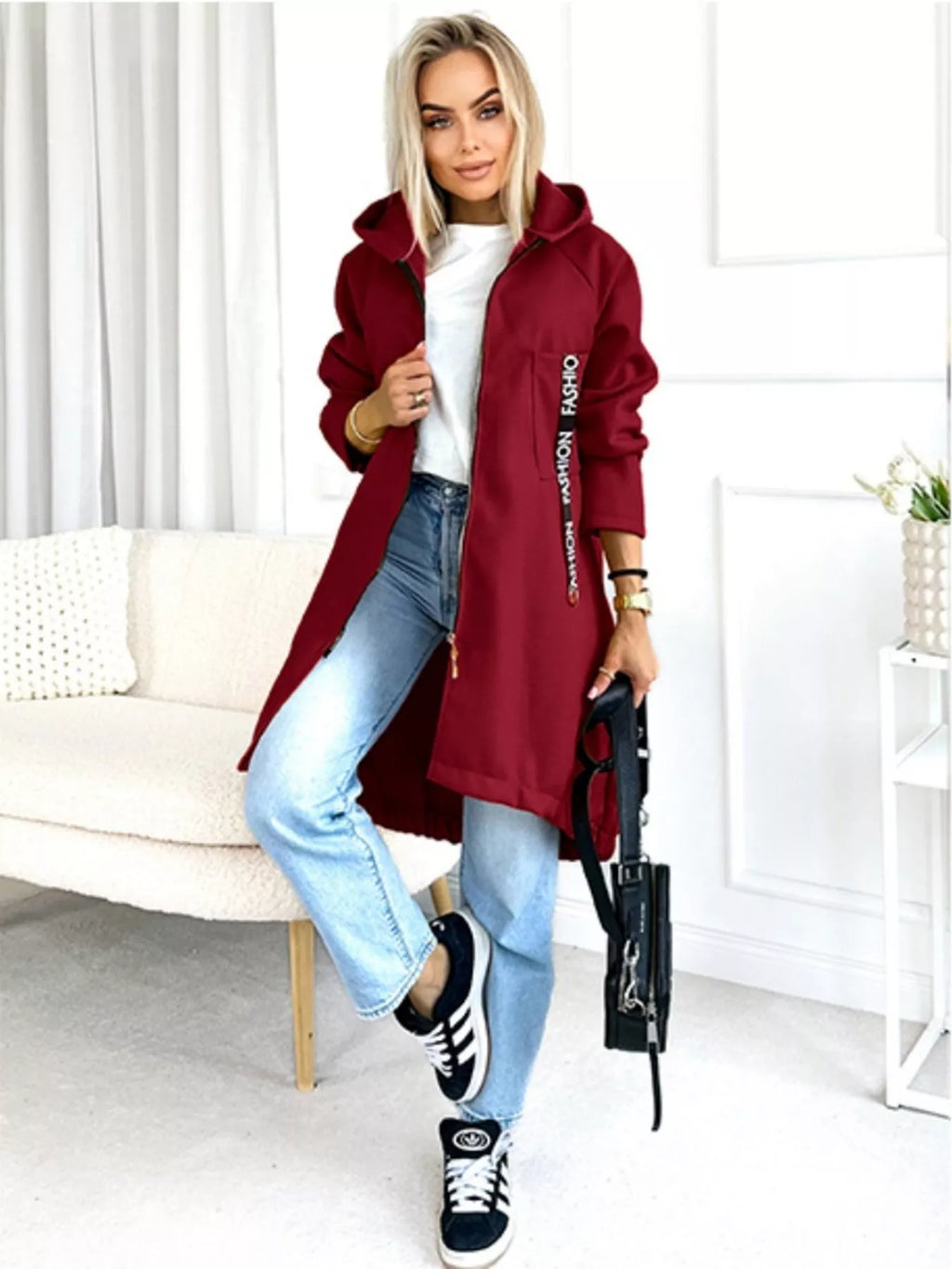 Full Size Zip Up Longline Hooded Outerwear Plus Size
