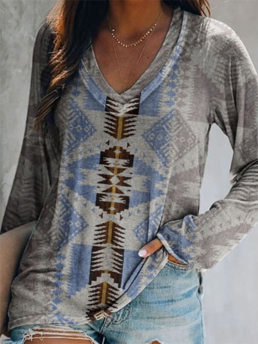 Full Size Geometric V-Neck Long Sleeve T-Shirt Plus Size