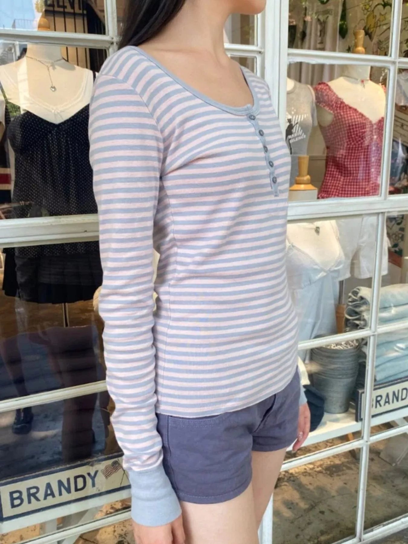 Striped Long Sleeve Henley T-Shirt