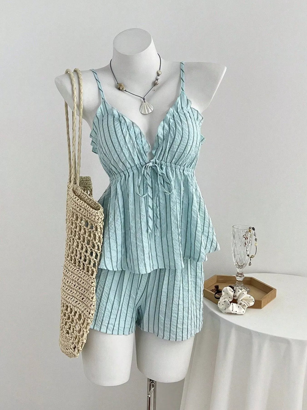 Tie Front Striped Cami and Shorts Set