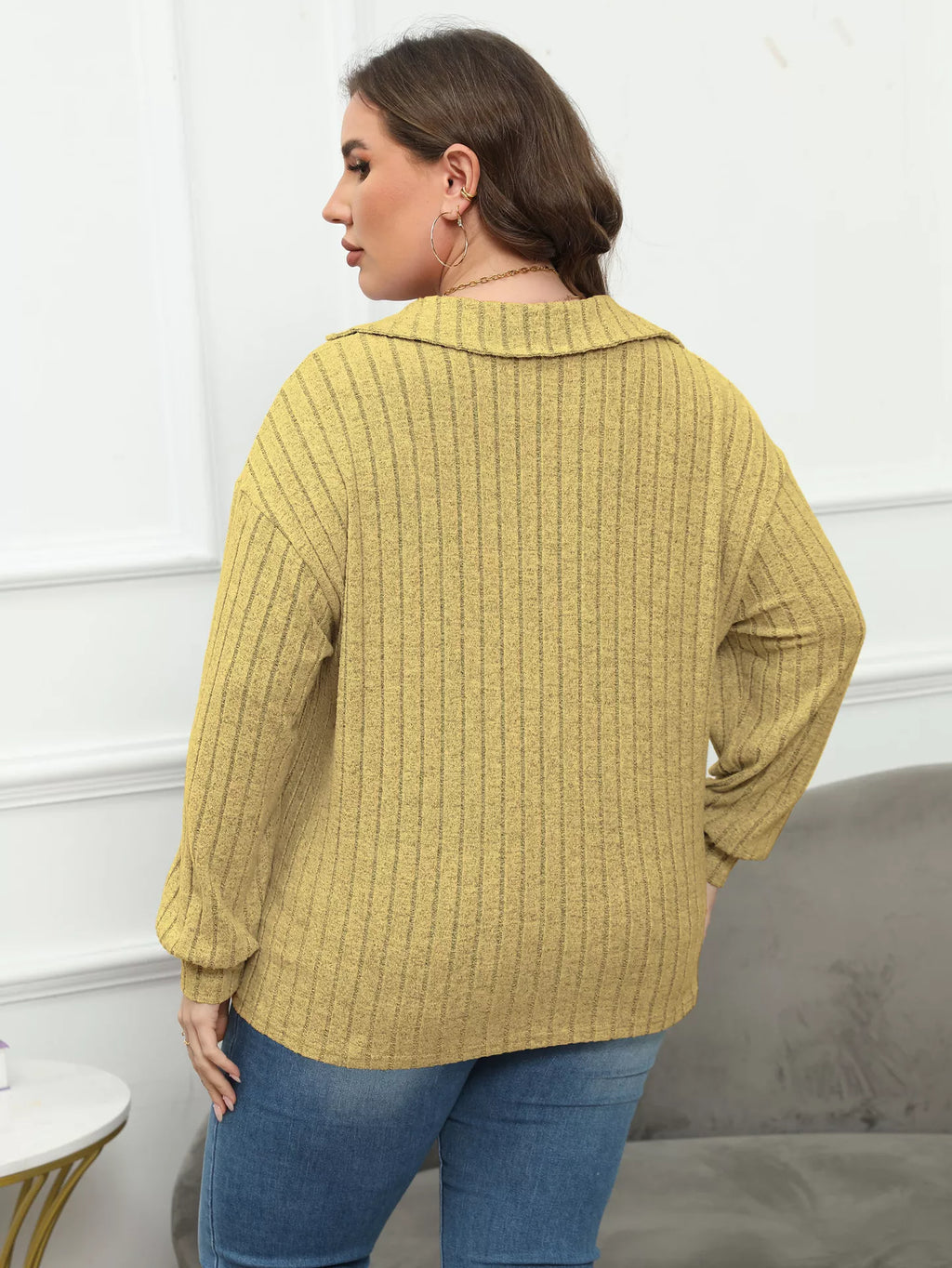 Plus Size Ribbed Knit Polo Collar T-Shirt