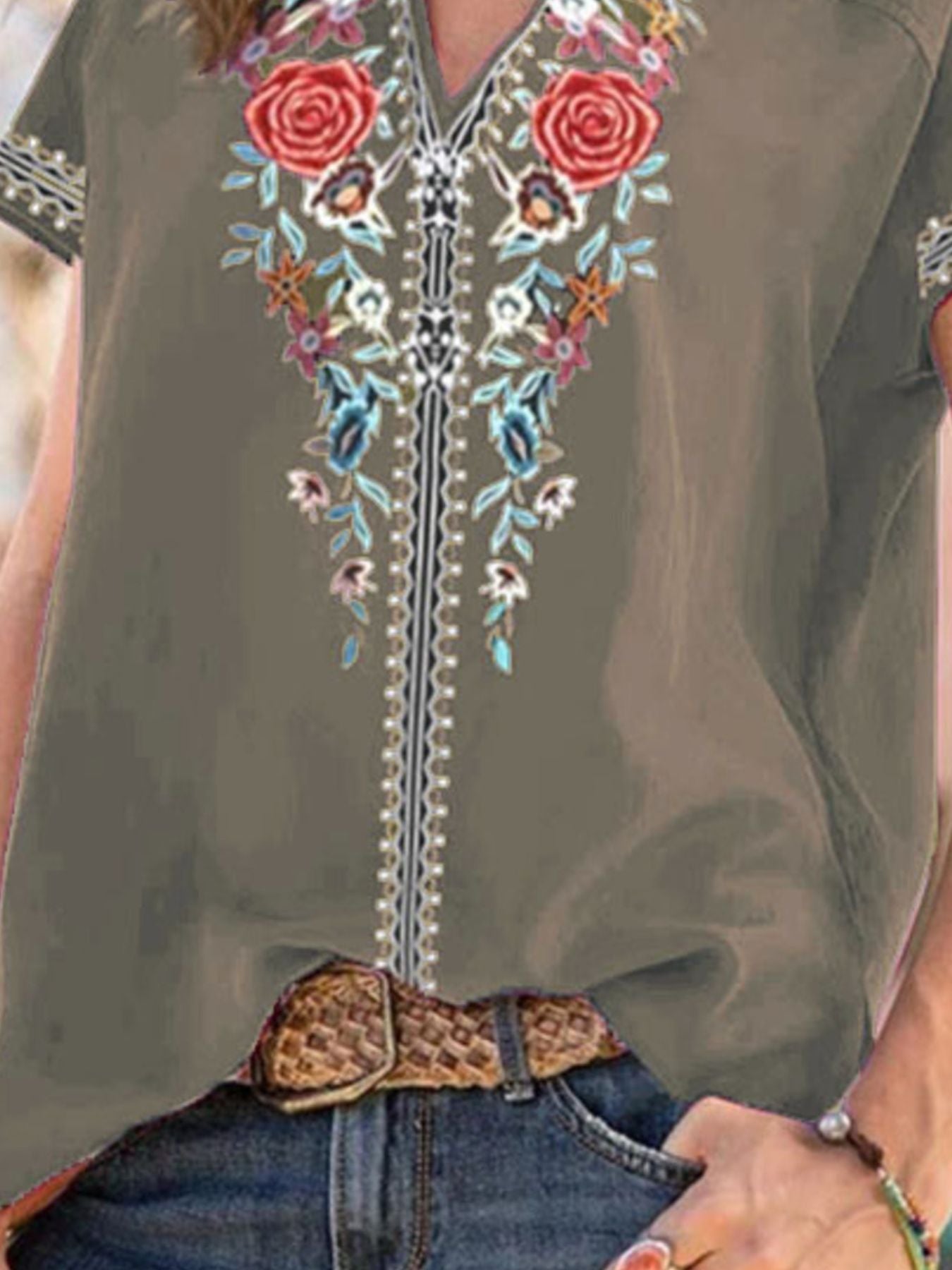 Full Size Floral Notched Short Sleeve Blouse Plus Size