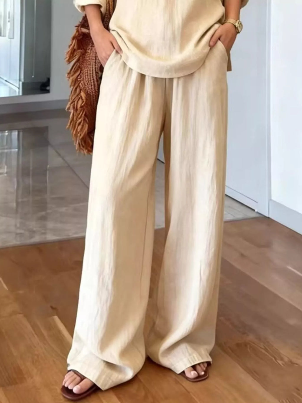 V-Neck Top and Wide-Leg Pants Set