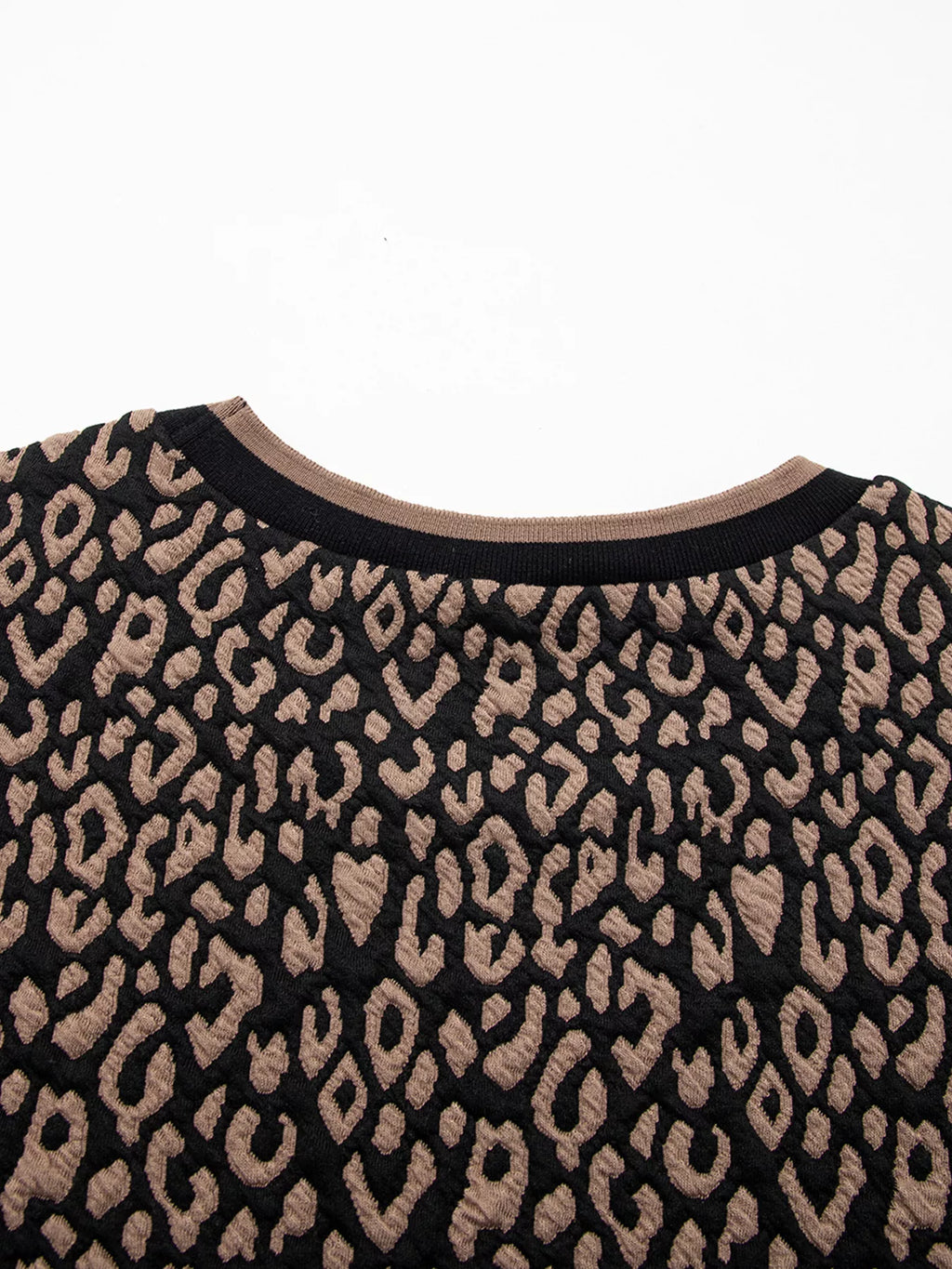 Leopard Print Puffy Bracelet Sleeve Contrast Trim Round Neck Top