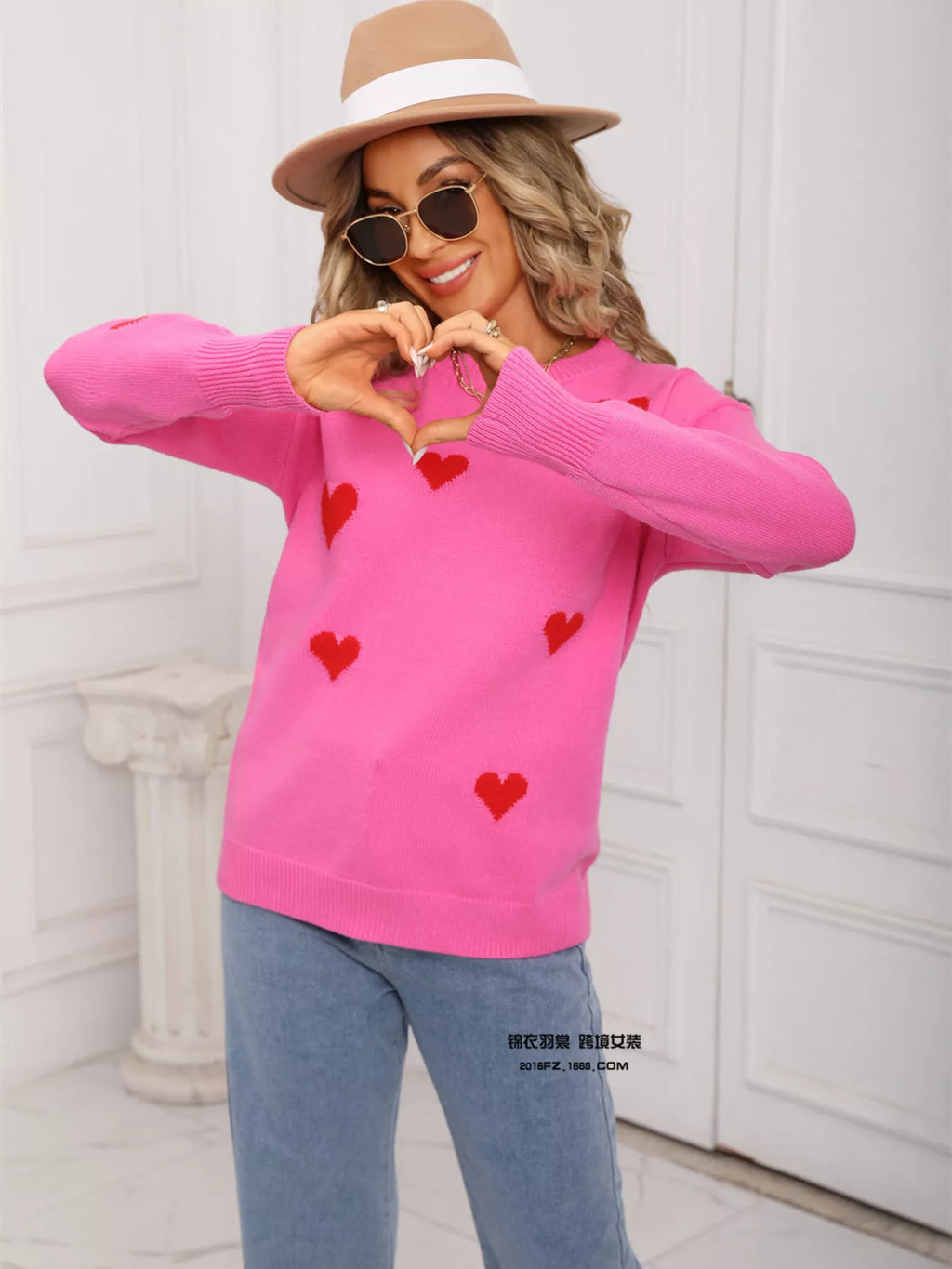 Valentine's Day Heart Print Round Neck Sweater
