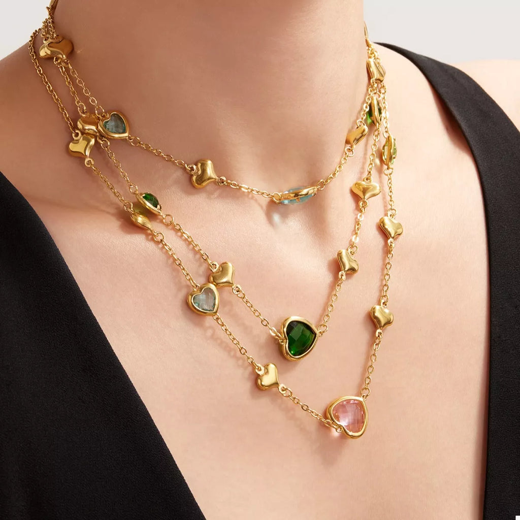 18K Gold-Plated Heart Necklace with Glass Stone