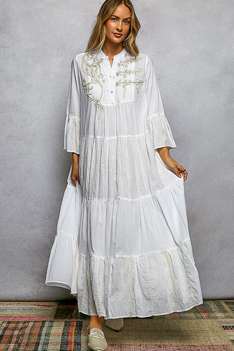POL Embroidered Floral Tiered Maxi Dress