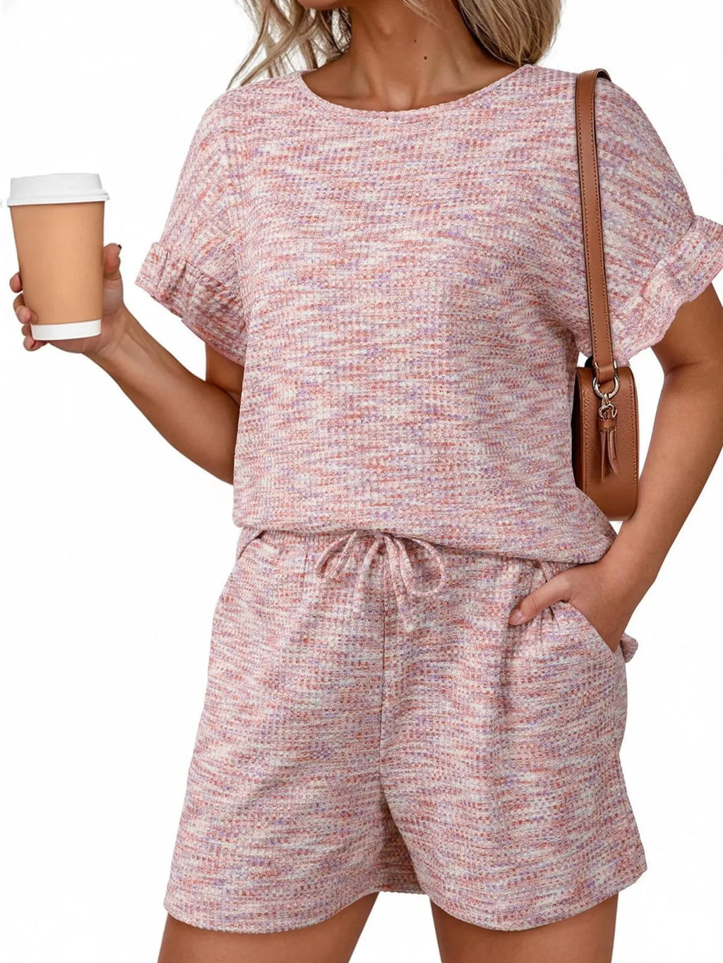 Ruffle Sleeve Textured Top and Shorts Set