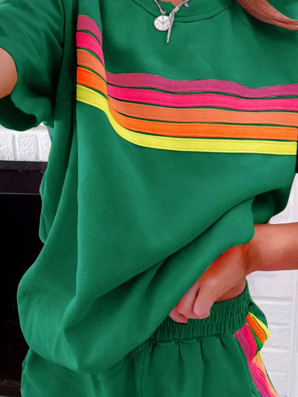 Rainbow Striped Round Neck Top and Shorts Set