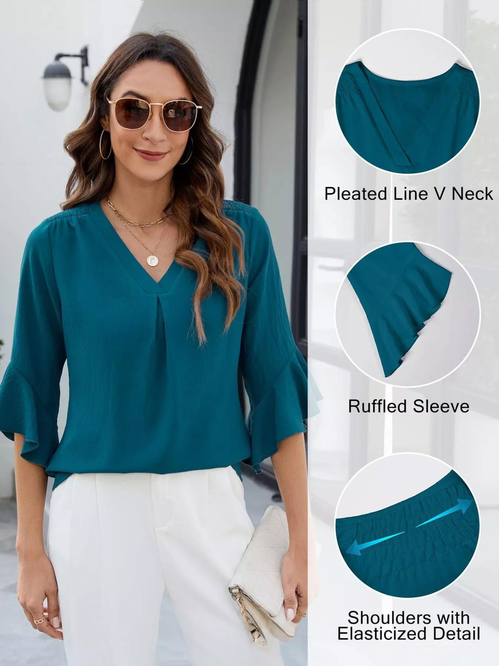 V-Neck Ruffle Sleeve Blouse