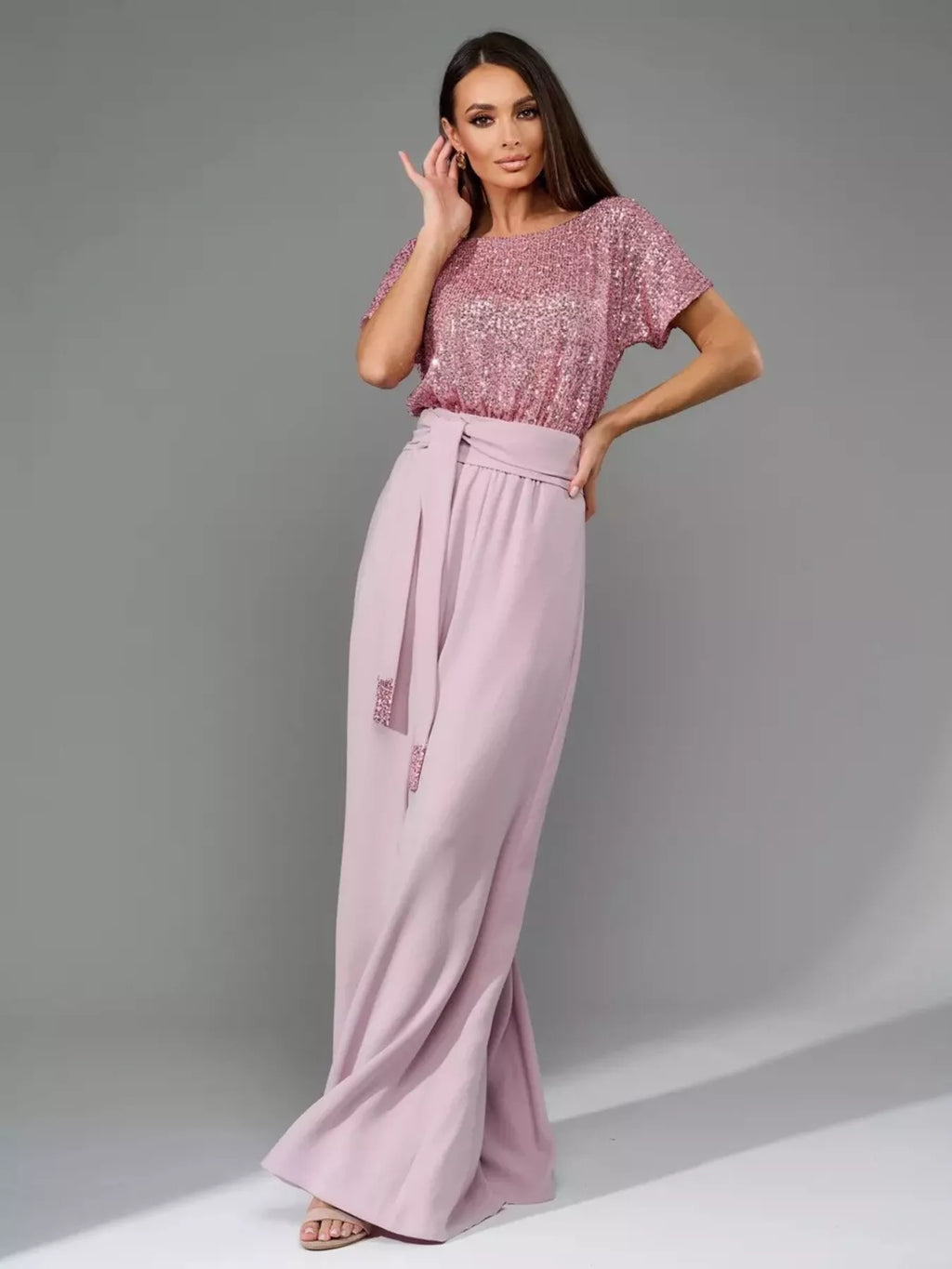 Full Size Sequin Short Sleeve Wide Leg Jumpsuit Plus Size