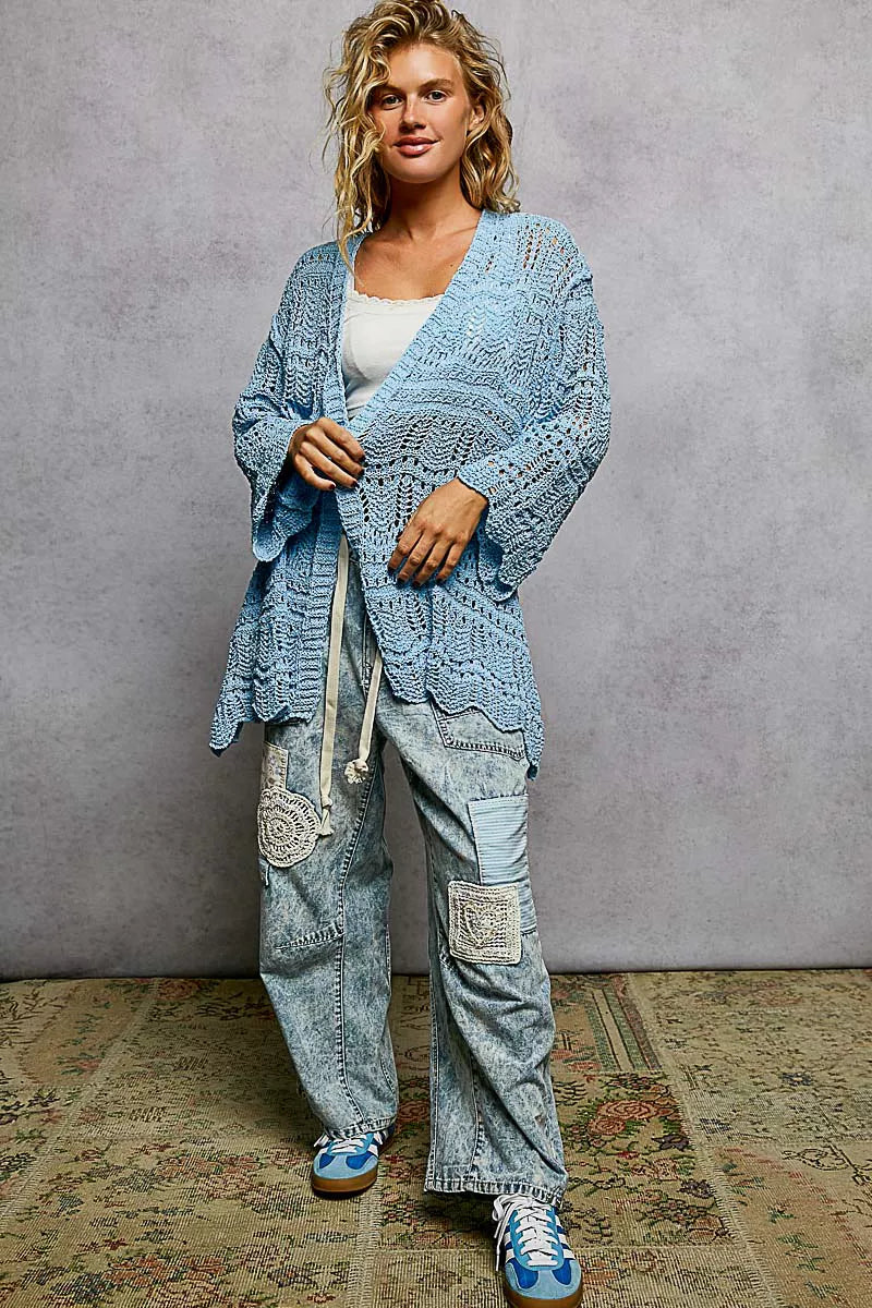 POL Openwork Lightweight Open Front Cardigan with Scalloped Edge
