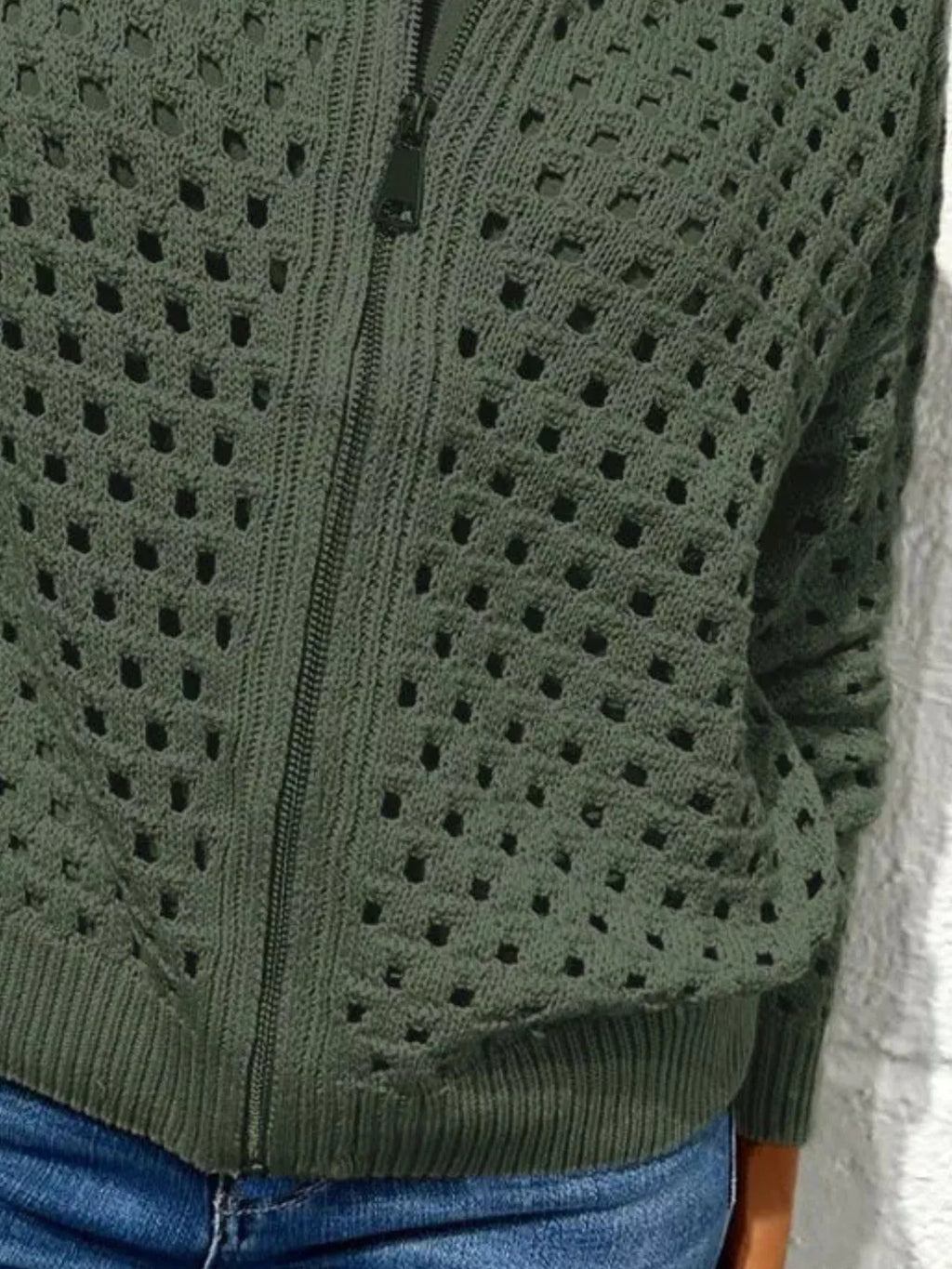 Full Size Zip Up Long Sleeve Cardigan with Eyelet Detail Plus Size
