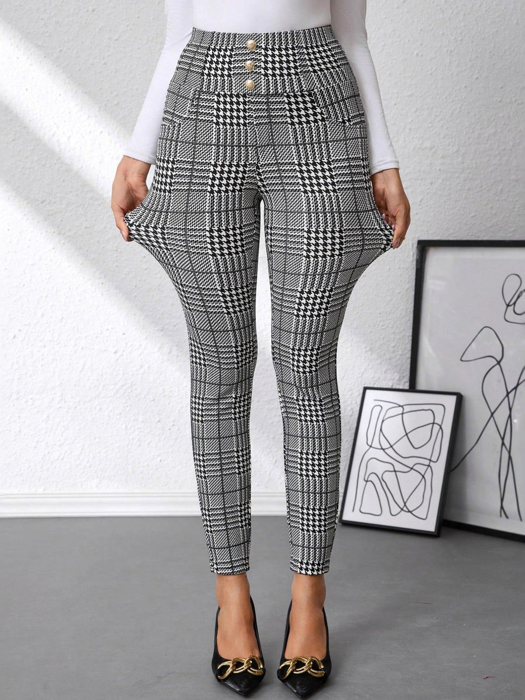 High Waist Plaid Slim Fit Pants