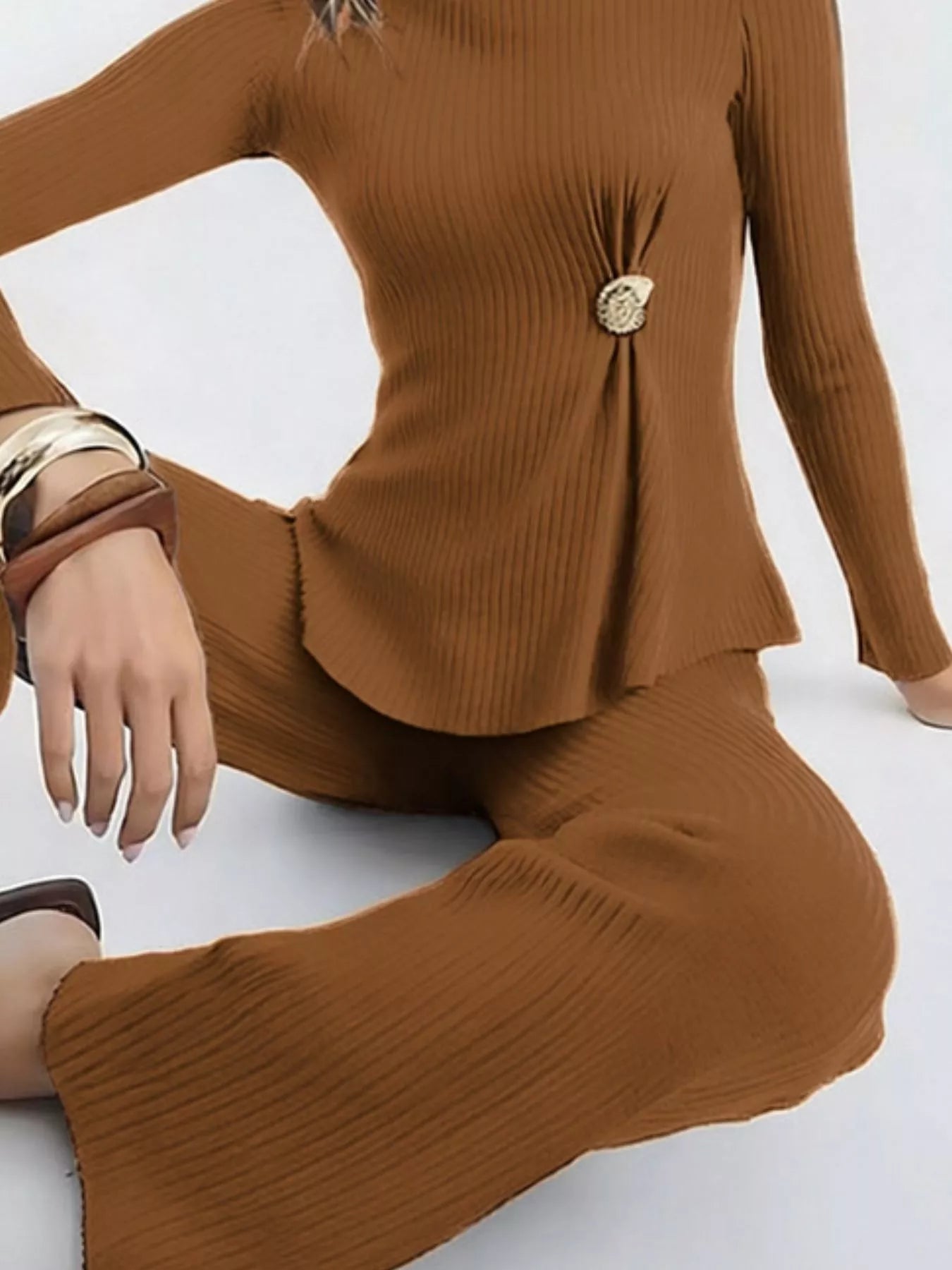 Ribbed Knit Round Neck Top and Pants Sweater Set