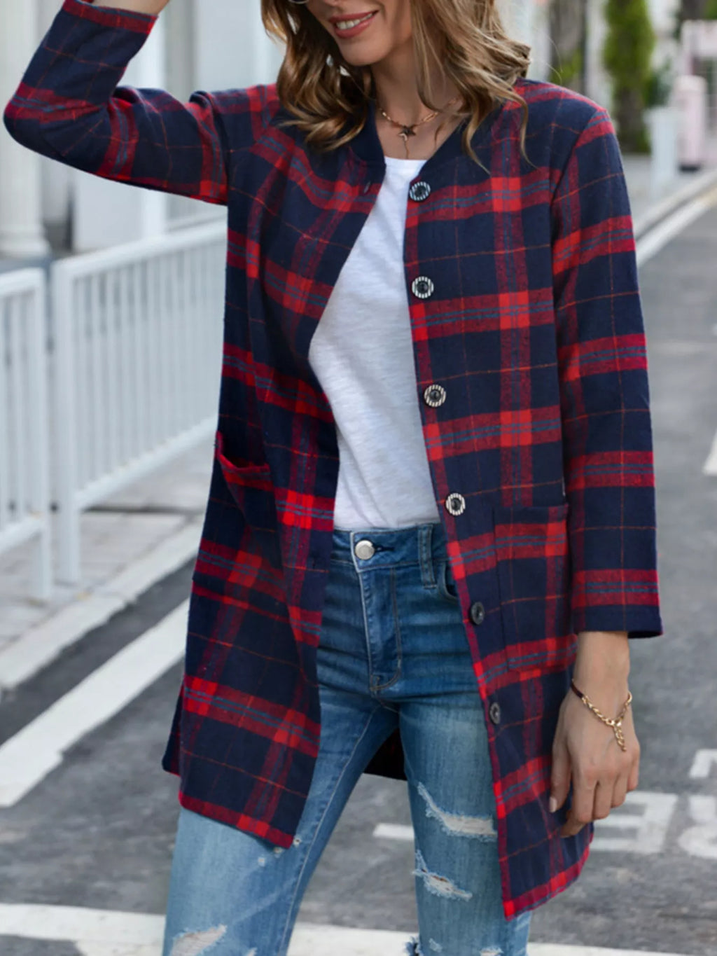 Plus Size Plaid Button-Down Longline Shirt