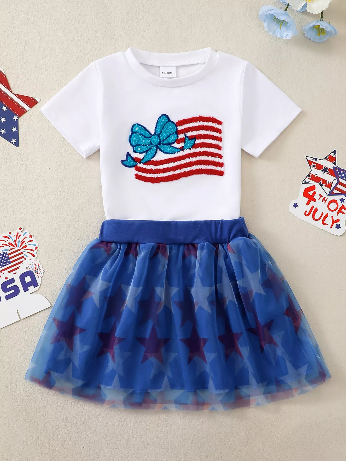 Children's American Flag Bow Tee and Tulle Skirt Set