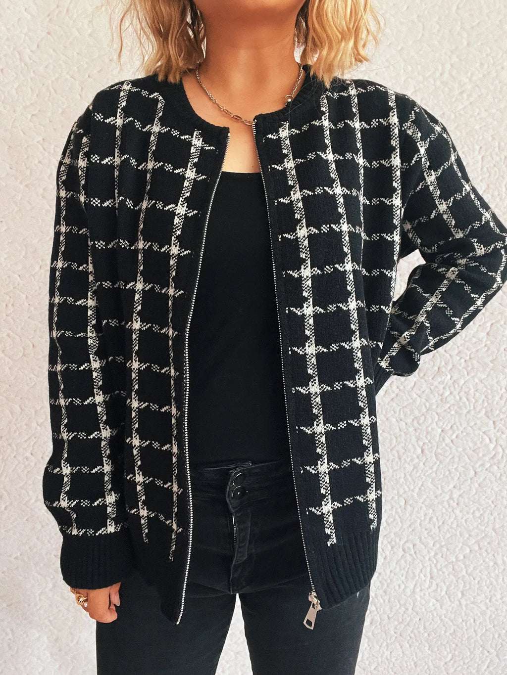 Plaid Pattern Zip Up Cardigan