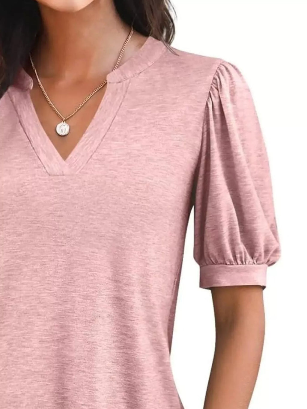 Puff Sleeve Notched Casual T-Shirt