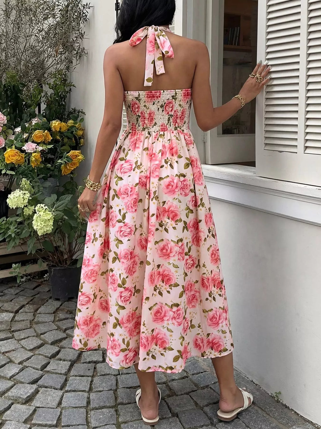 Floral Print Halter Neck Midi Dress