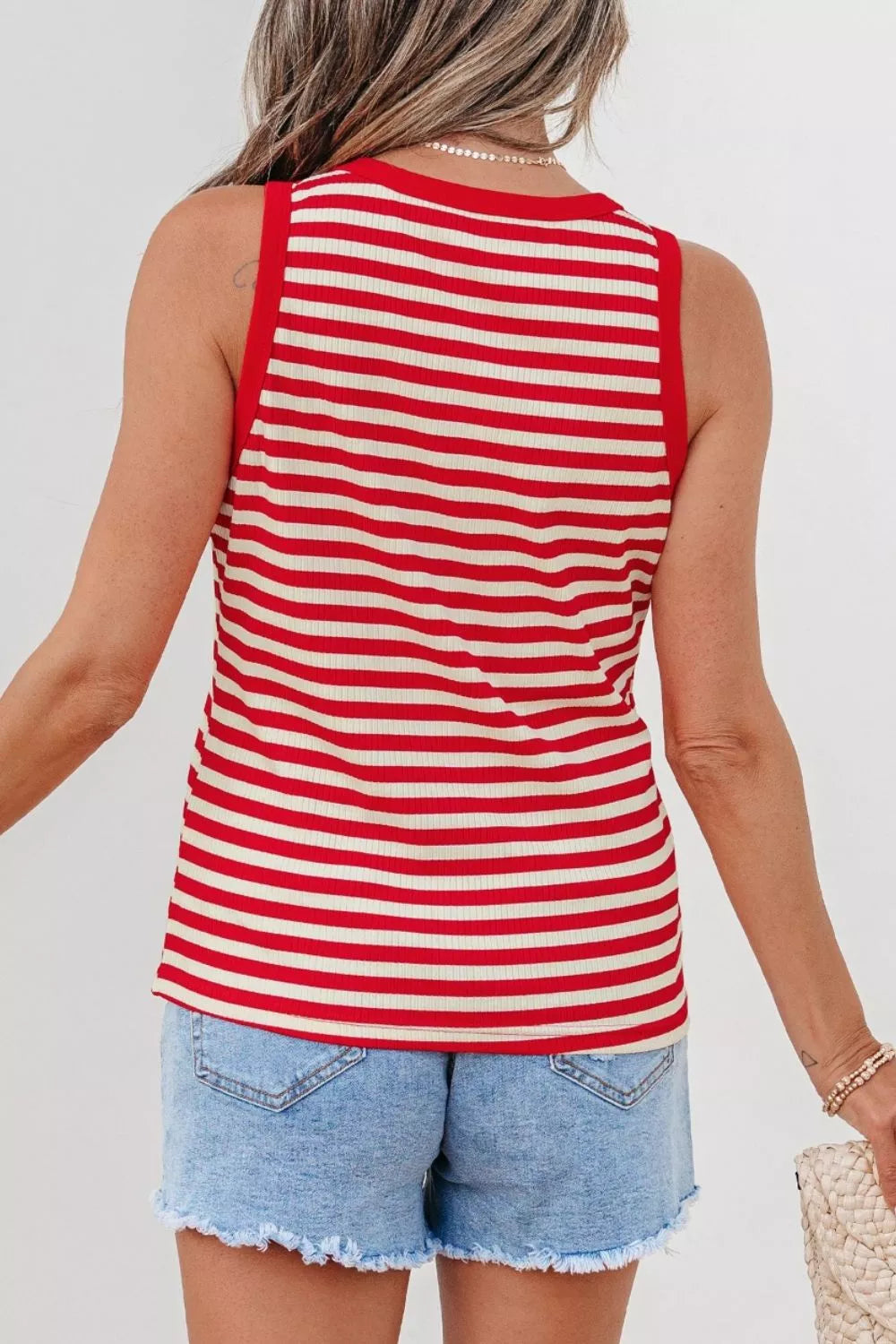 Stripe Buttoned Ribbed Knit Tank Top