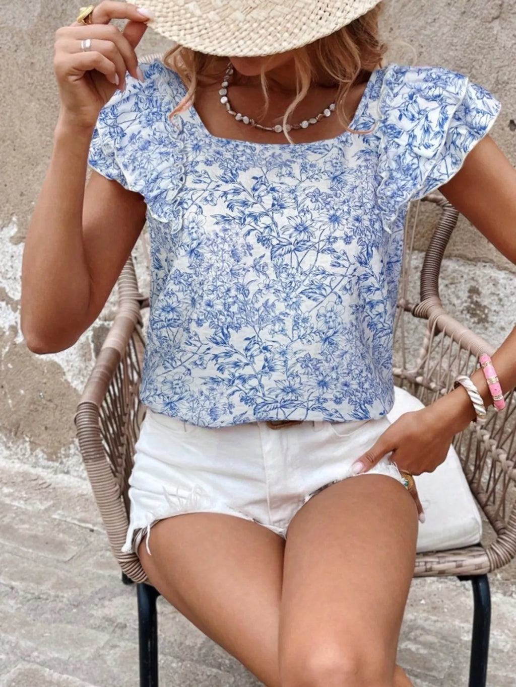 Floral Print Ruffle Trim Blouse