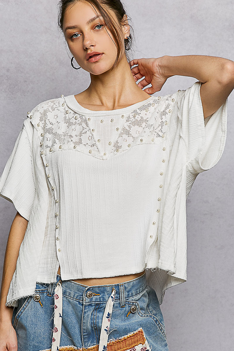 POL Lace Pearl Stud Round Neck Short Sleeve Shirt