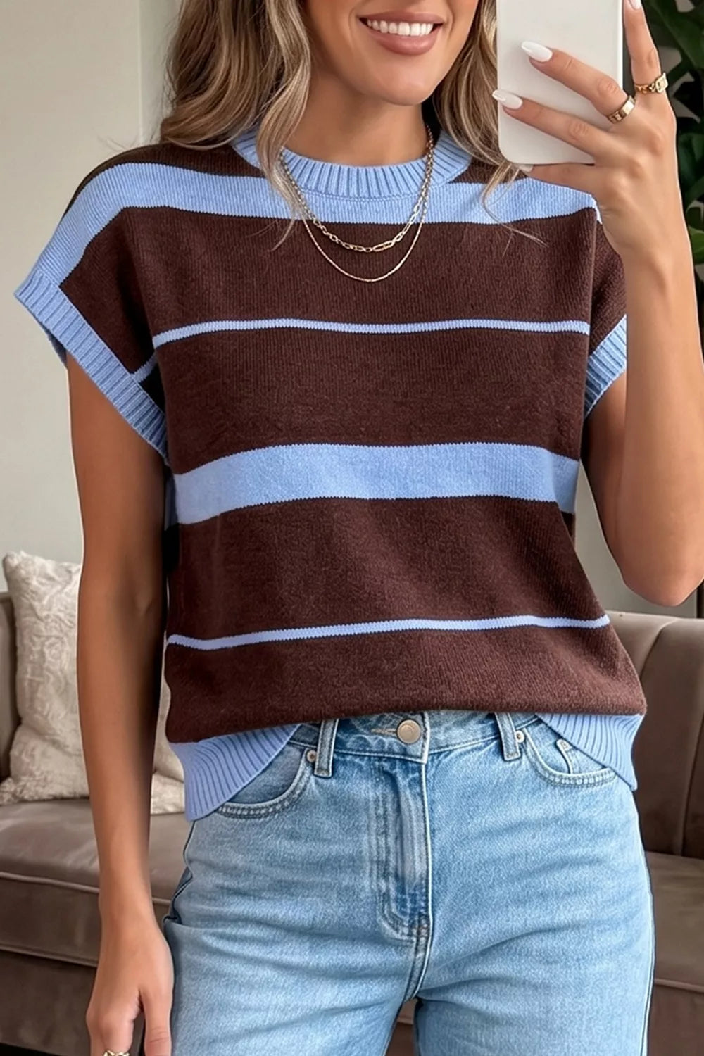 Striped Short Sleeve Round Neck Casual Knit Top