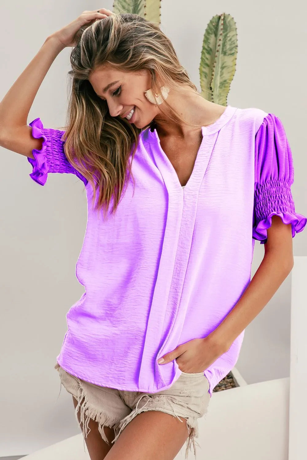 BiBi Air Flow Color Block Puff Sleeves V Neck Top