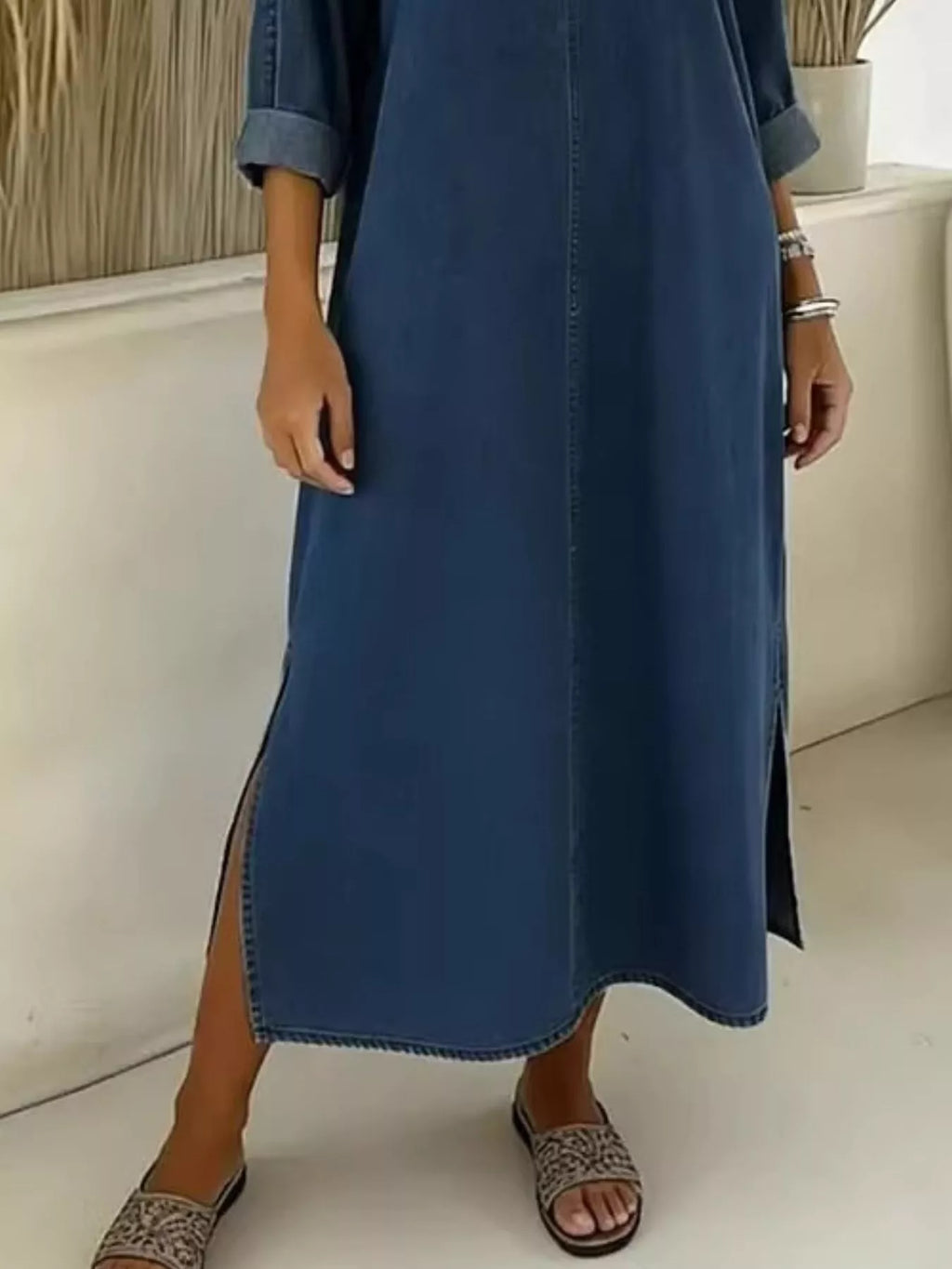 Side Slit V-Neck Midi Dress