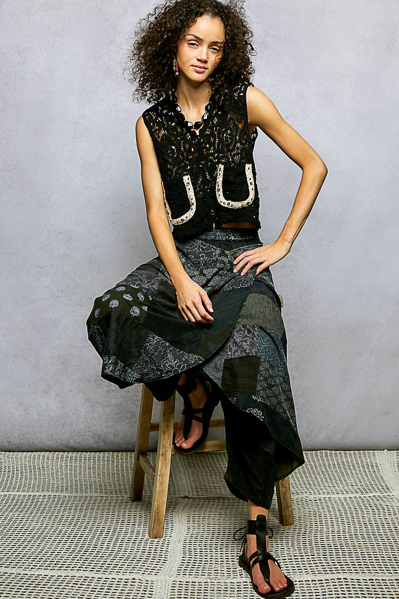 POL Button Down Cropped Crochet Vest with Scalloped Edge