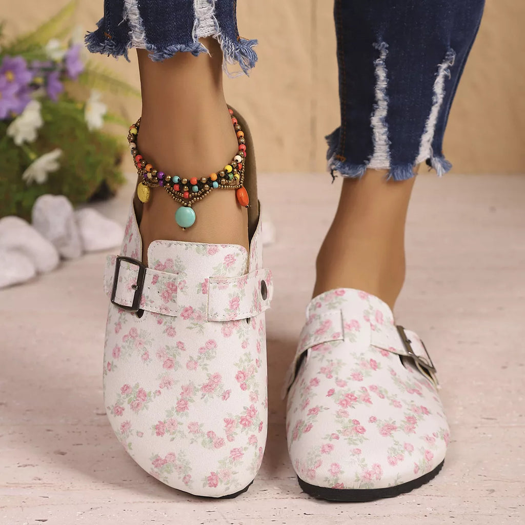 Floral Print Buckle Decor Slip-Ons