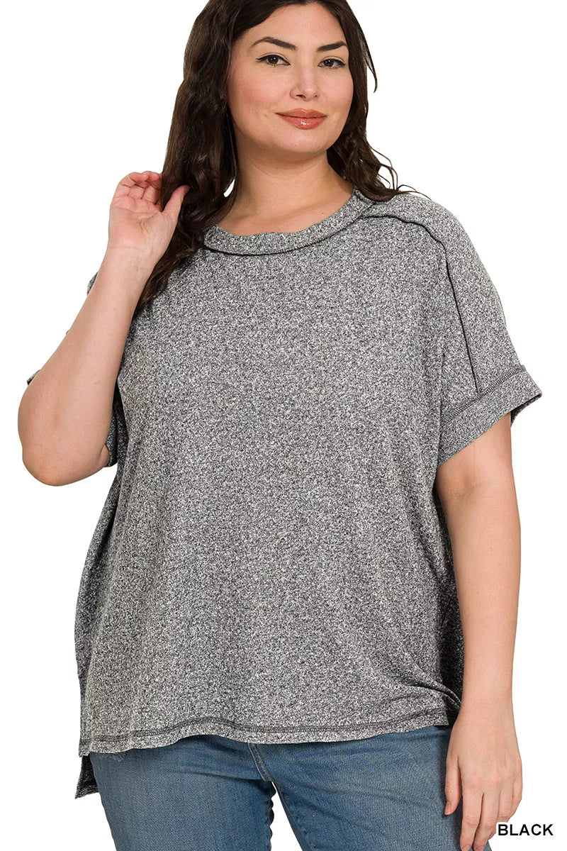 Zenana Full Size Soft Melange Hacci Short Sleeve Hi-low Tee Plus Size