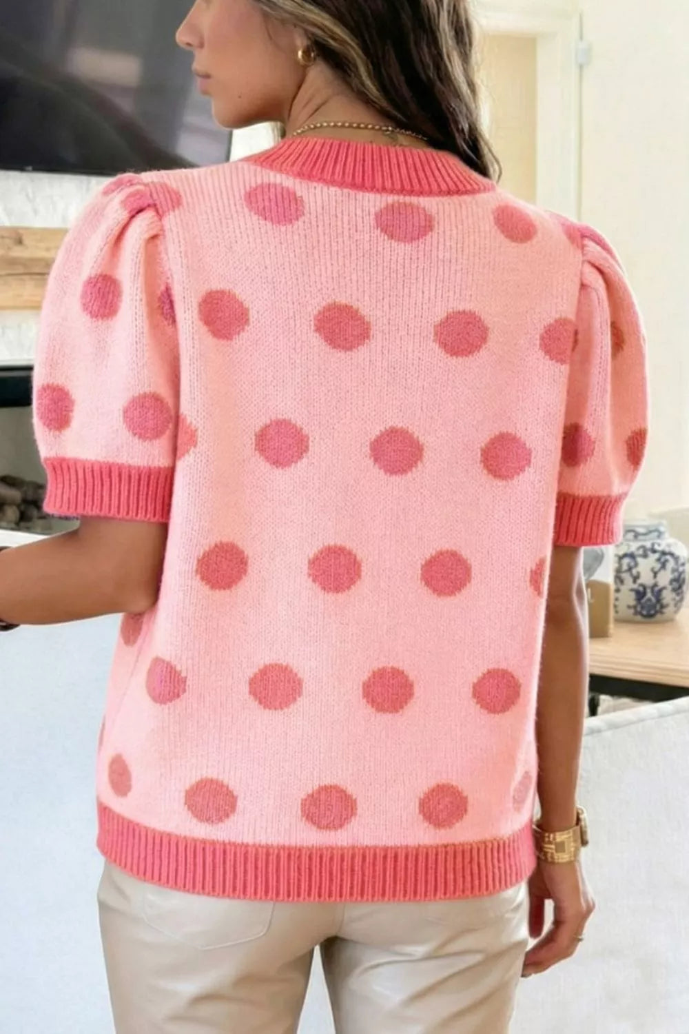 Polka Dot Puff Short Sleeve Sweater Top