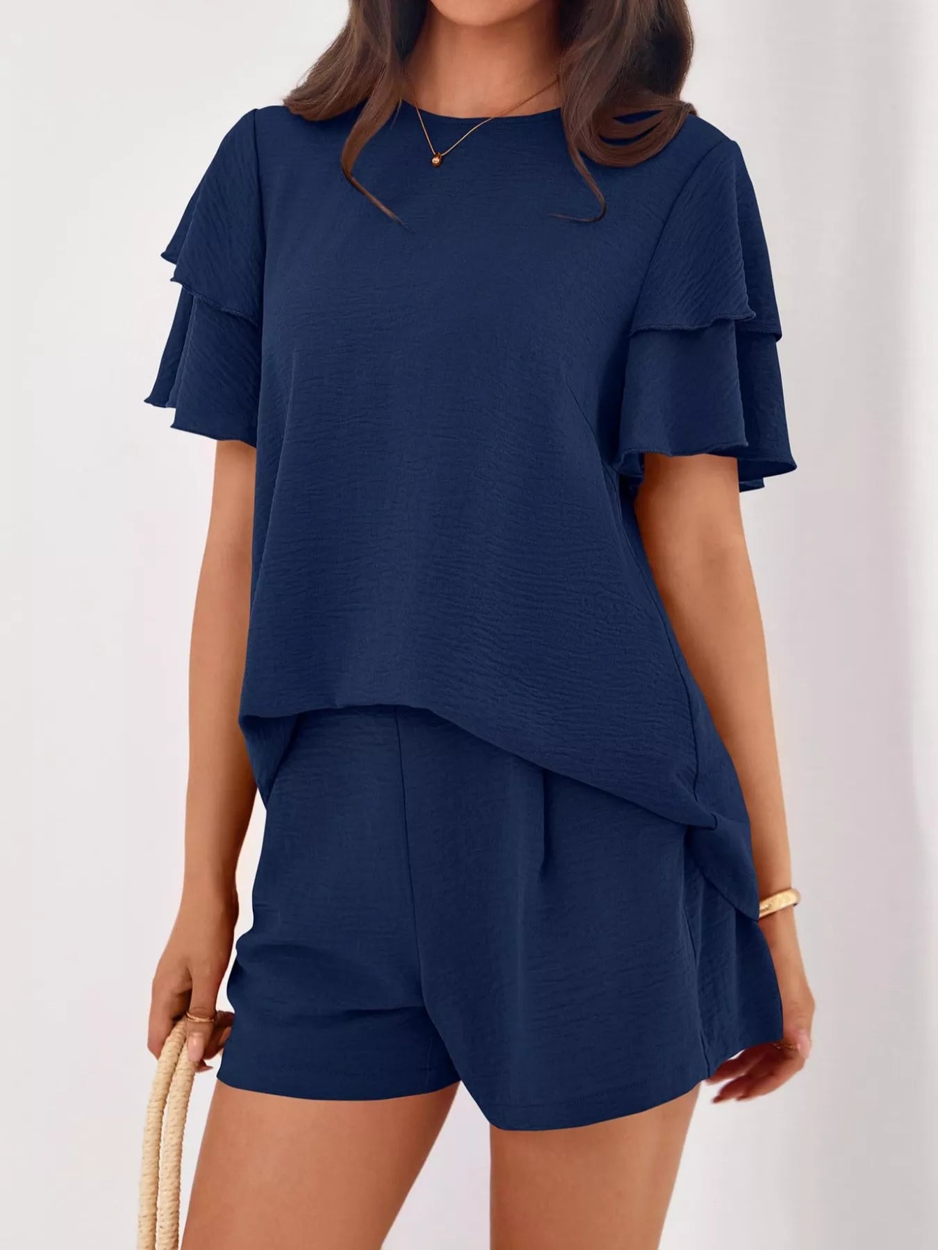 Ruffle Sleeve Top and Shorts Two-Piece Set