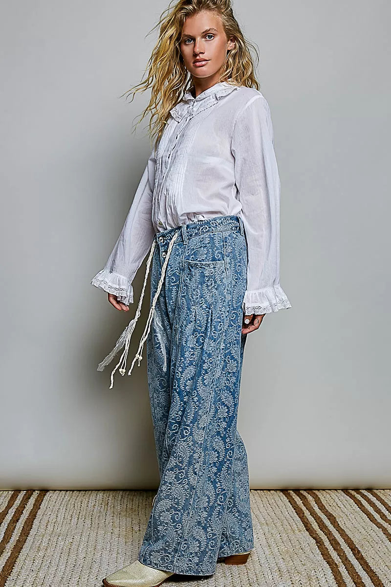 POL Woven Lace Trim Pintuck Button-Down Shirt