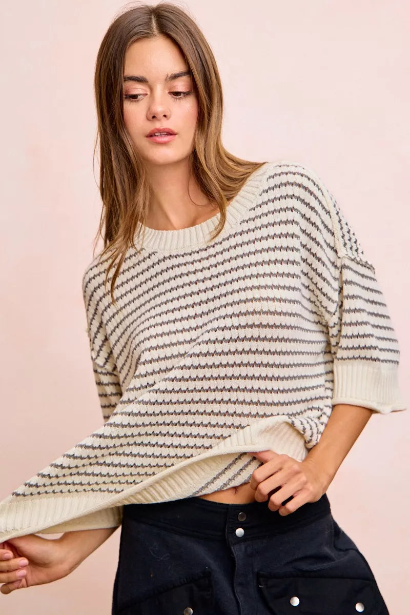 BiBi Stripes Short Sleeves Rib Banded Outseam Knit Top
