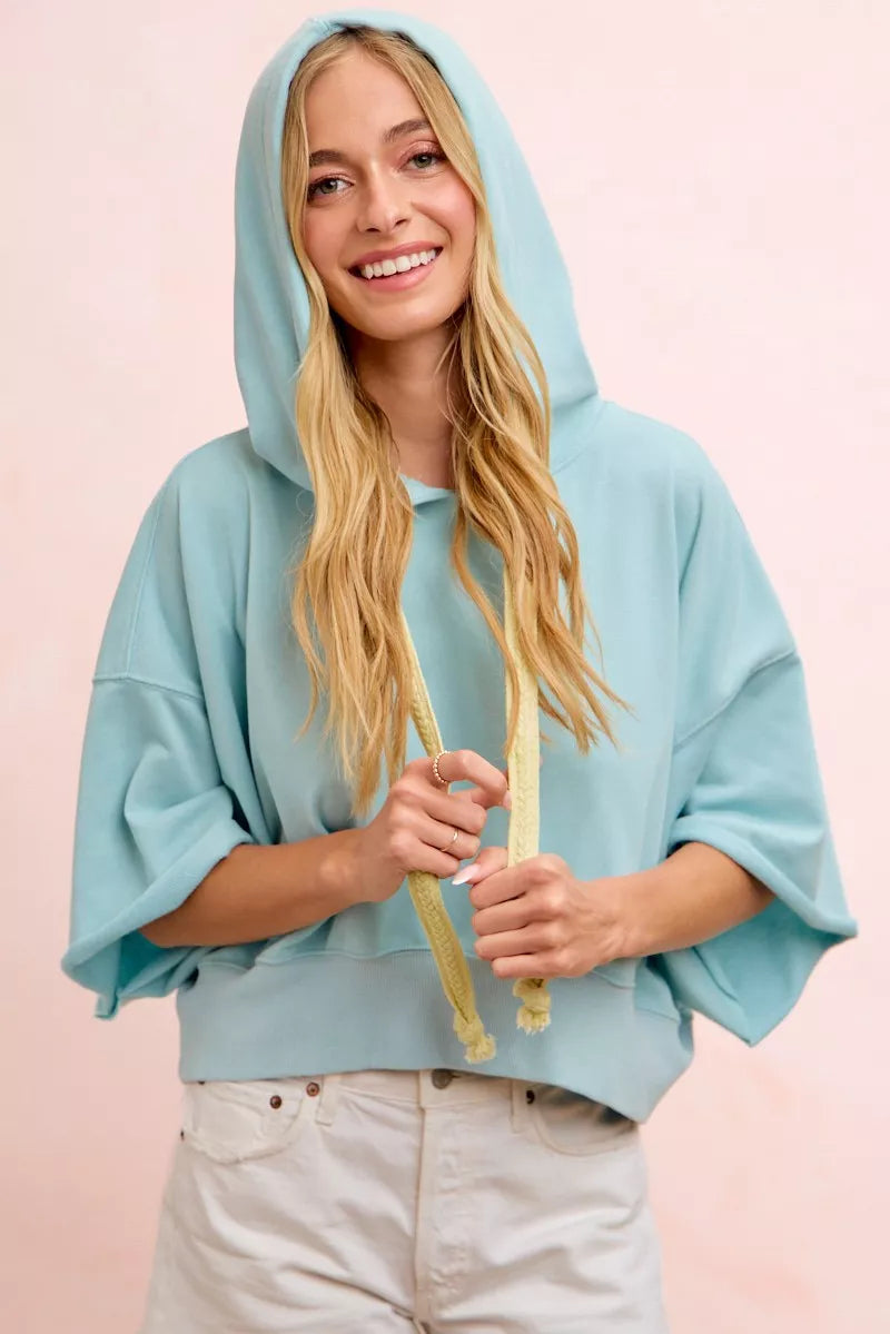 BiBi Washed Terry Short Sleeve Drawstring Hoodie Top