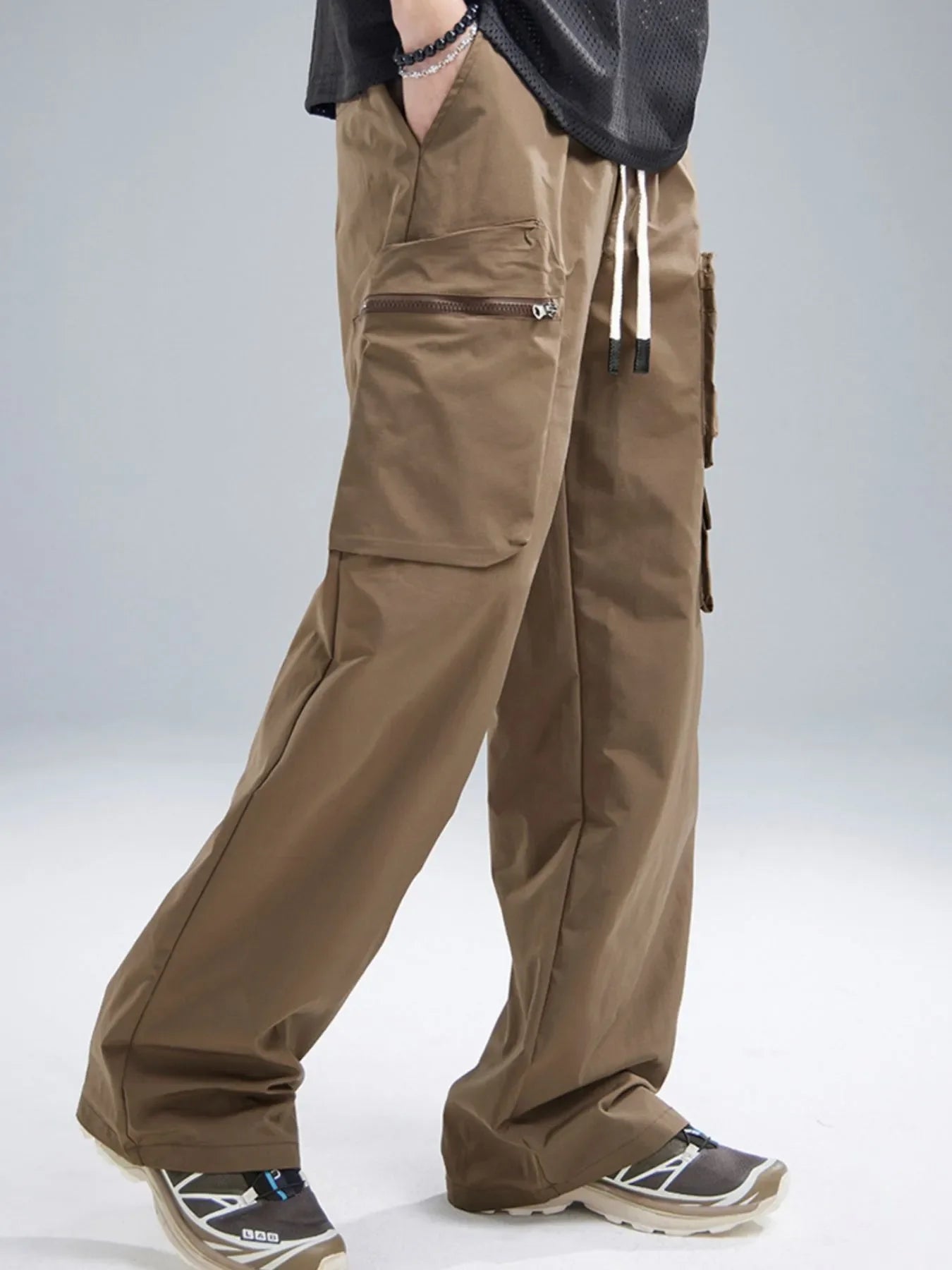 Men's Multi-Pocket Cargo Wide Leg Pants with Drawstring Waist