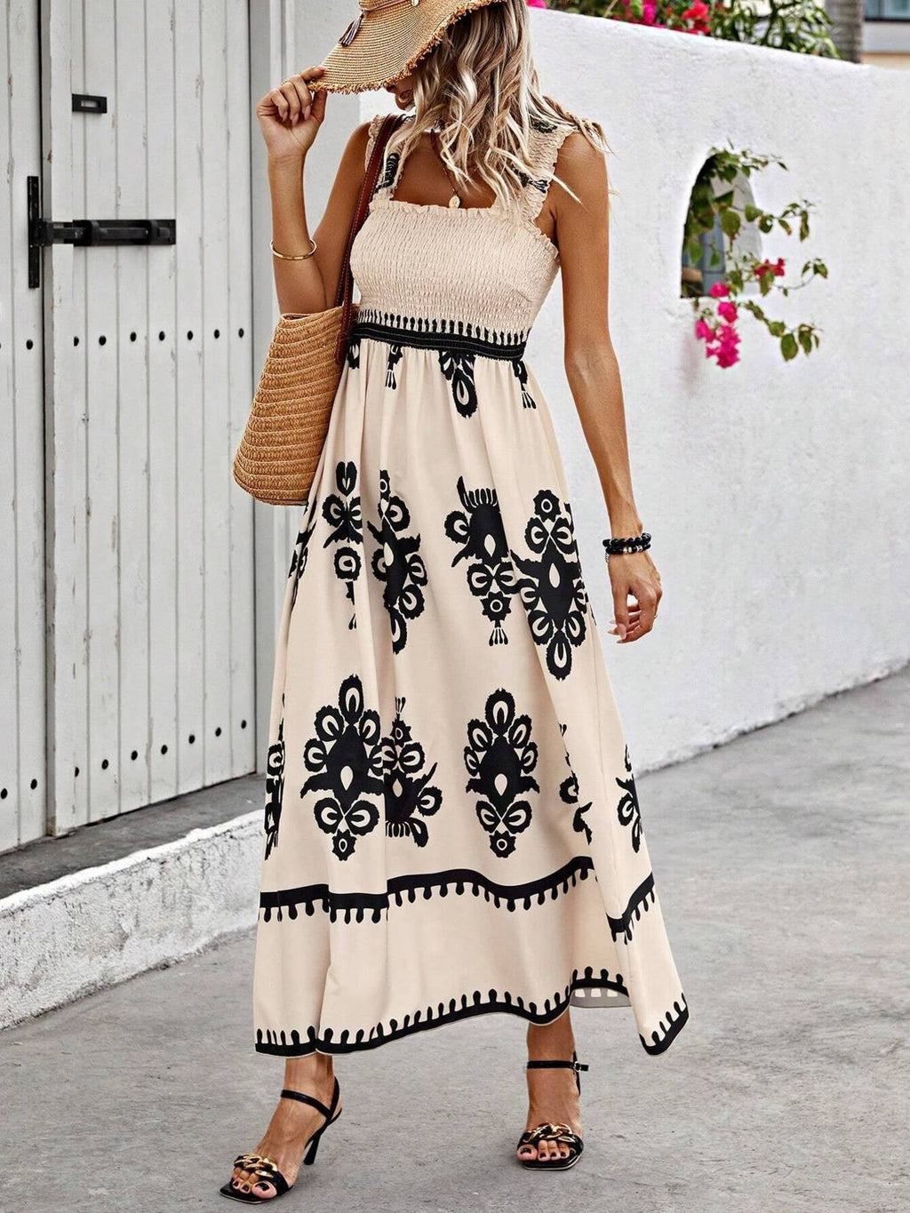 Smocked Bodice Colorful Print Tank Dress
