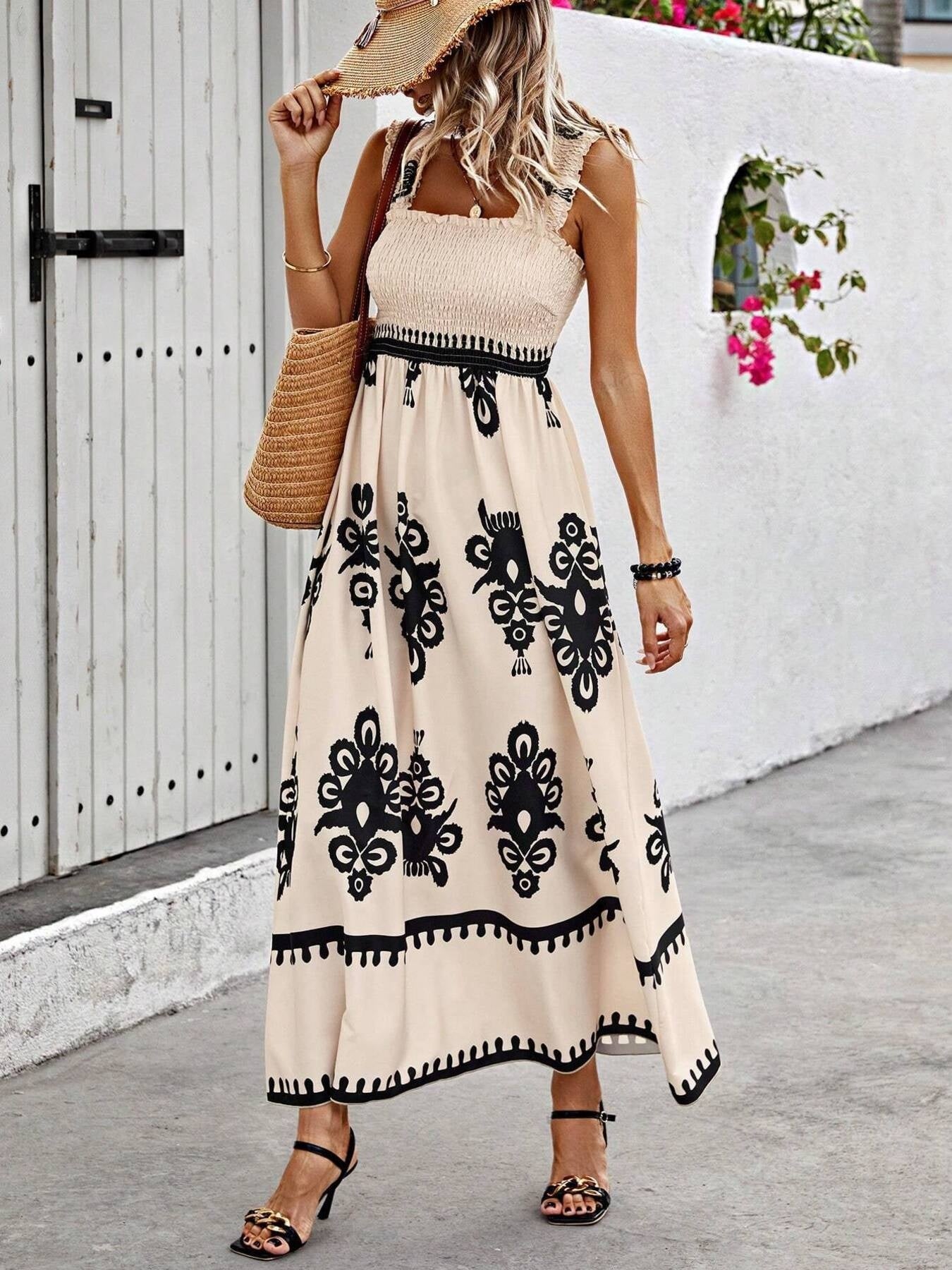 Smocked Bodice Colorful Print Tank Dress
