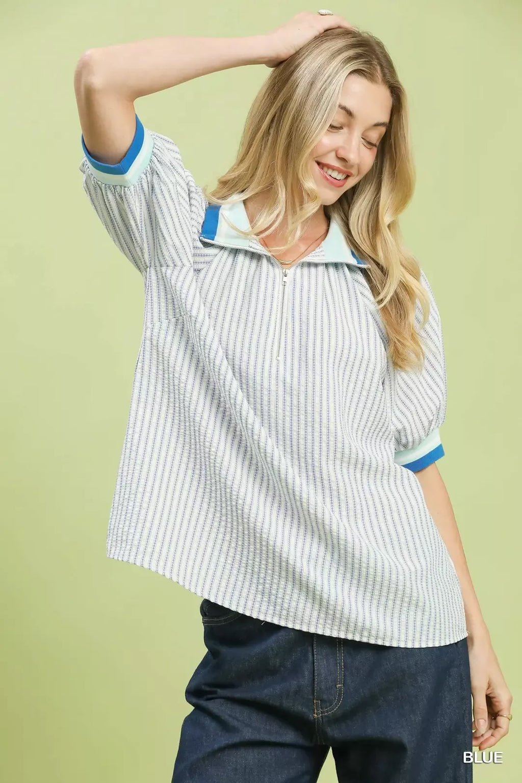 Umgee Botanical Print Puff Short Sleeve Blouse