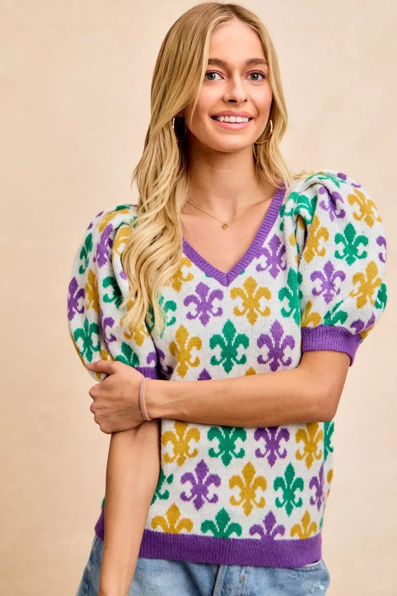 BiBi Mardi Gras Fleur De Lis Patterned V Neck Knit Top