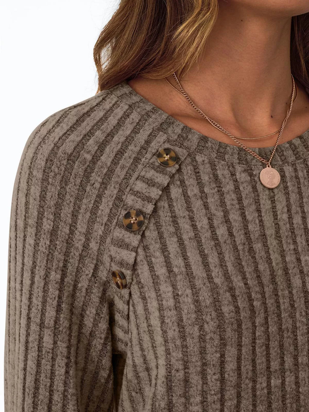Ribbed Knit Decor Button Long Sleeve T-Shirt
