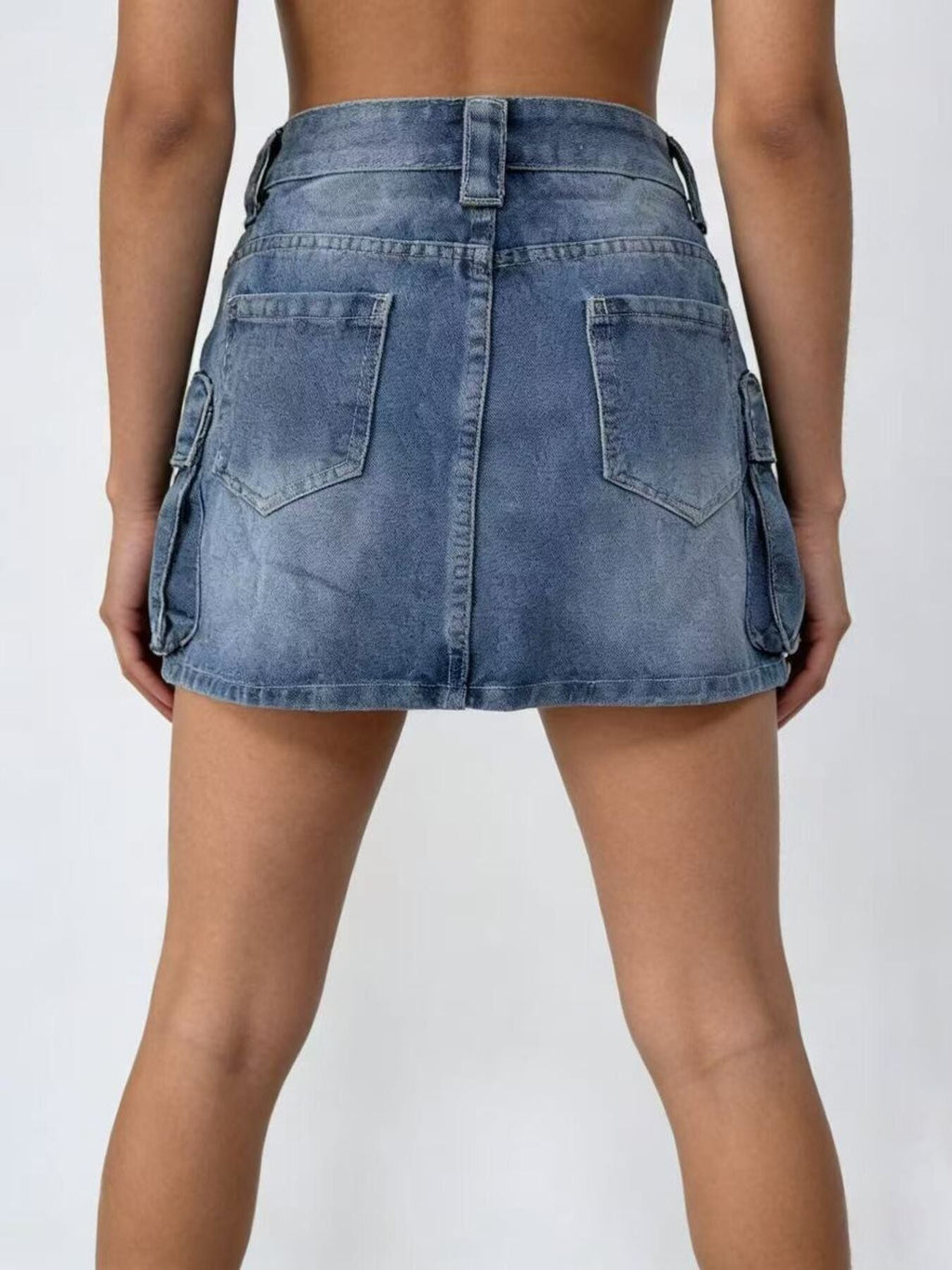 Washed Cargo Denim Skirt